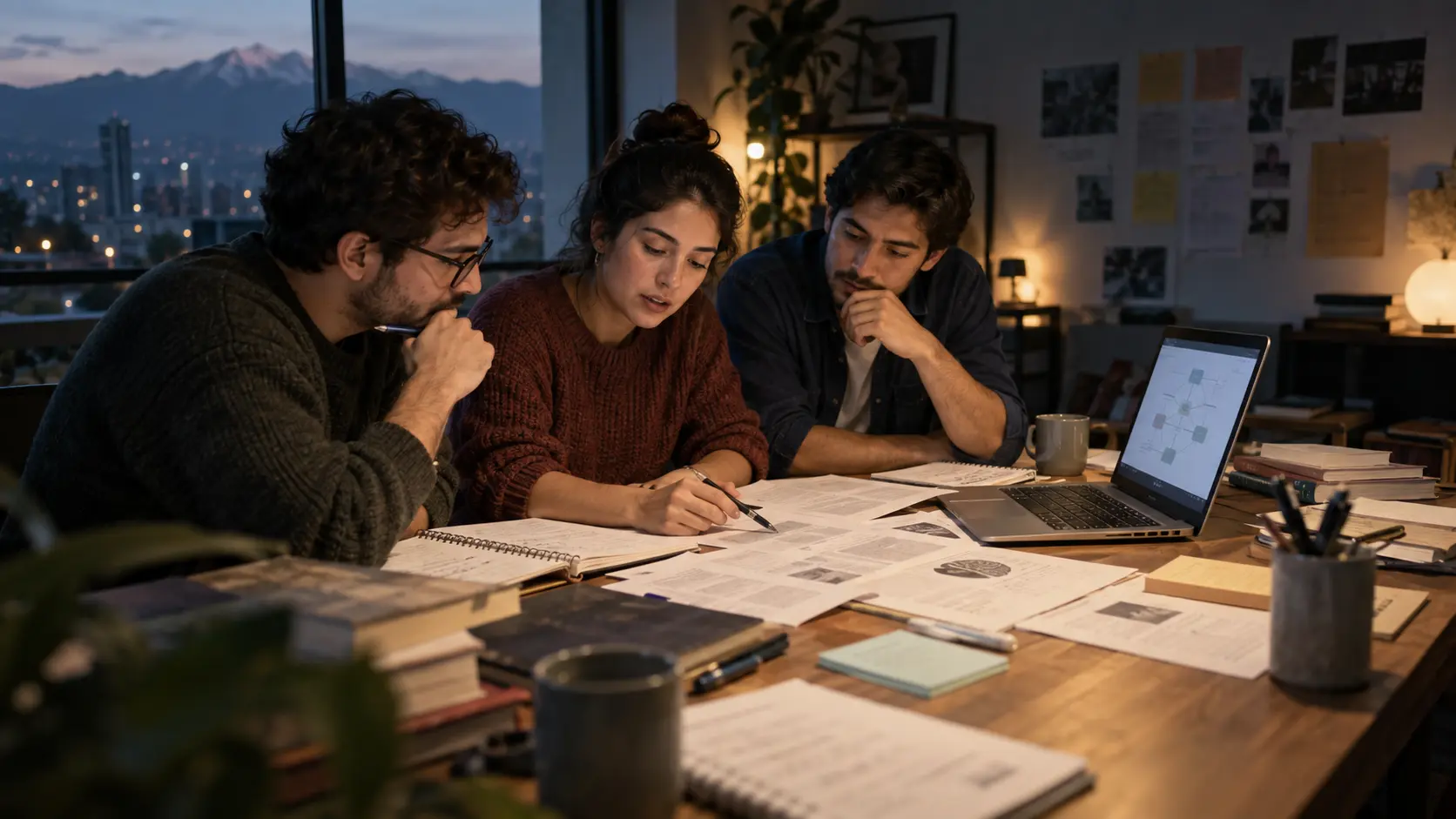 Tres integrantes del equipo trabajando colaborativamente en el proyecto de investigación